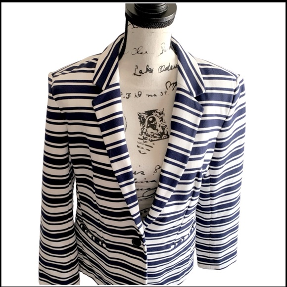 Express White and Navy Blue Striped Jacket Blazer - Picture 4 of 10